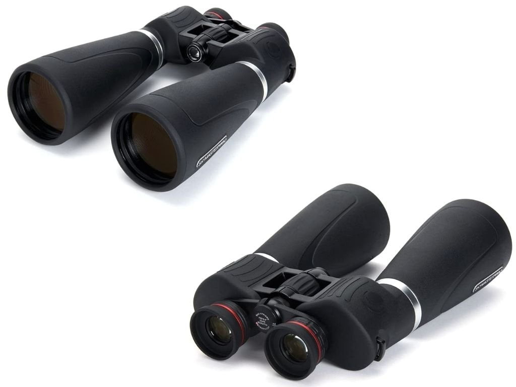Imagen de los binoculares Celestron Skymaster 15x70 Pro visto desde las lentes oculates y, también, desde las lentes objetivo.