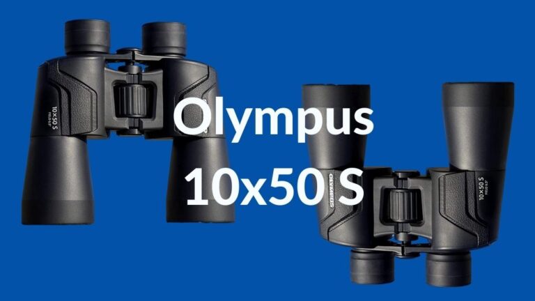 Imagen con dos binoculares y texto del modelo Olympus 10x50 S