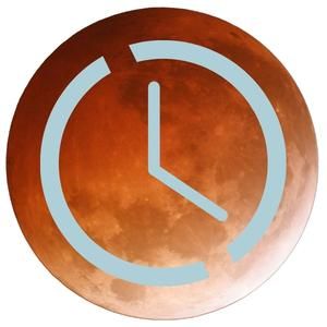 Imagen de la Luna eclipsada con un dibujo de un reloj superpuesto como señal de la duración de un eclipse total de Luna.