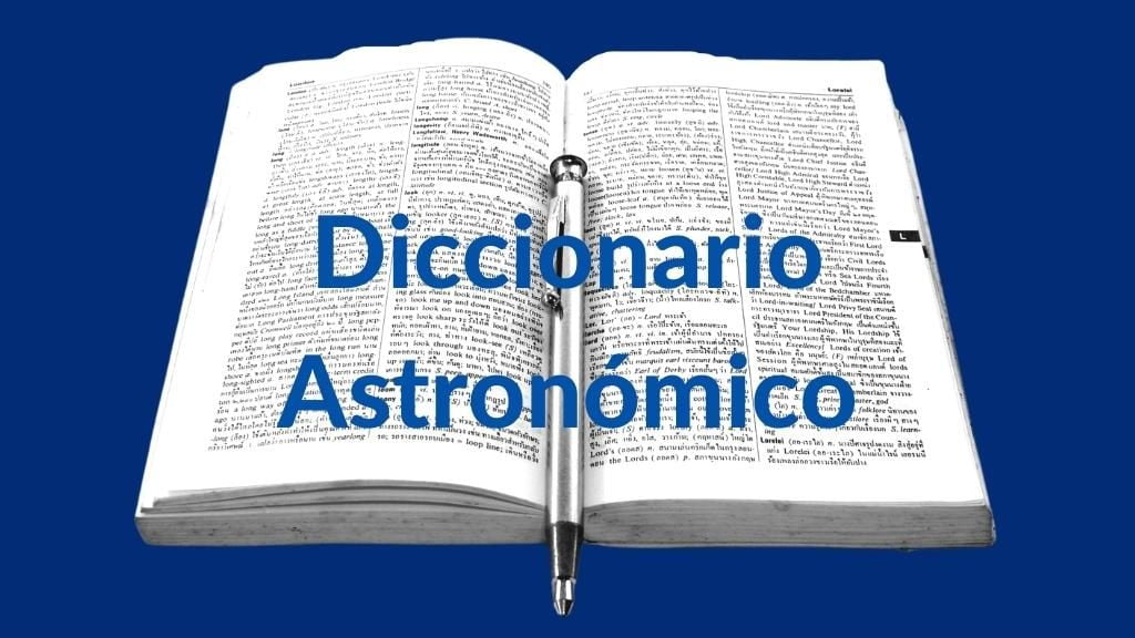 Imagen de un diccionario abierto sobre un fondo azul oscuro y texto sobreimpreso: Diccionario Astronómico.