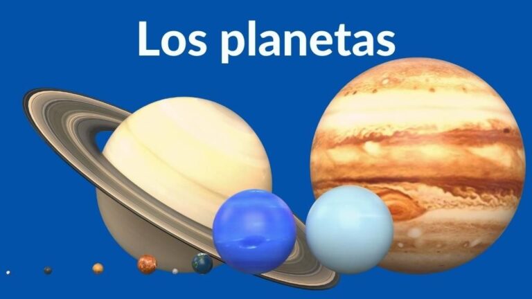 Dibujo de todos los planetas del Sistema Solar. Se lee el texto: Los planetas.