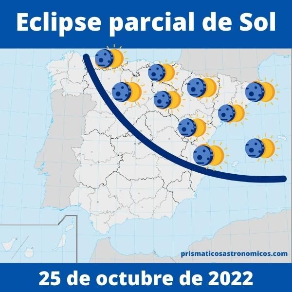 Dibujo del mapa de España donde viene señalado las zonas donde será visible el eclipse parcial del Sol del 25 de octubre de 2022 en la Península Ibérica. Publicada en artículo sobre cuándo es el próximo eclipse solar