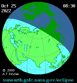Gif donde se ve las zonas de la Tierra en la que será visible el eclipse parcial de Sol del 25 de octubre de 2022. Imagen de la NASA, servida por la web del observatorio Astronómico Nacional, en España.