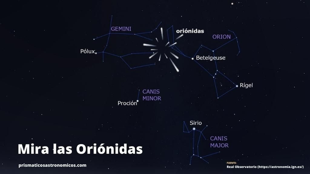 Imagen de detalle de la lluvia de meteoritos de las oriónidas en la costelación de Órión.