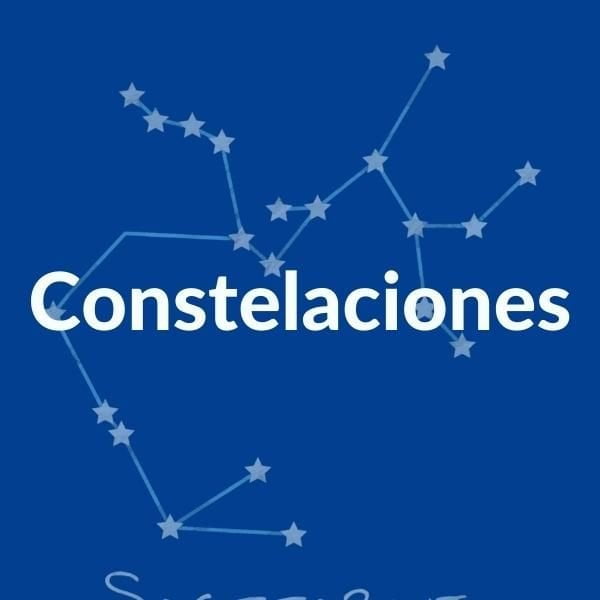 Imagen de una constelación del cielo nocturno estrellado, con texto sobreimpreso: Constelaciones.