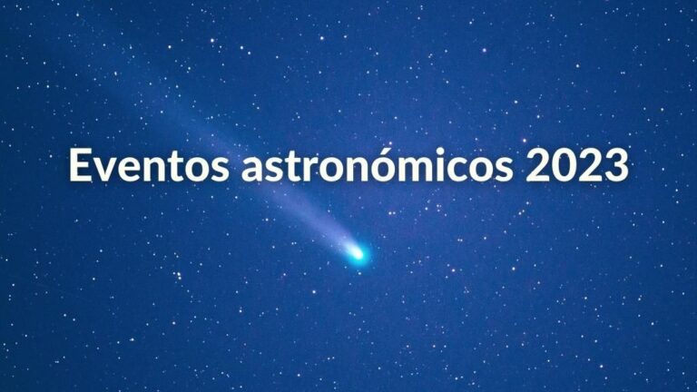 Foto del cielo estrellado con un meteorito y texto: Eventos astronómicos 2023.