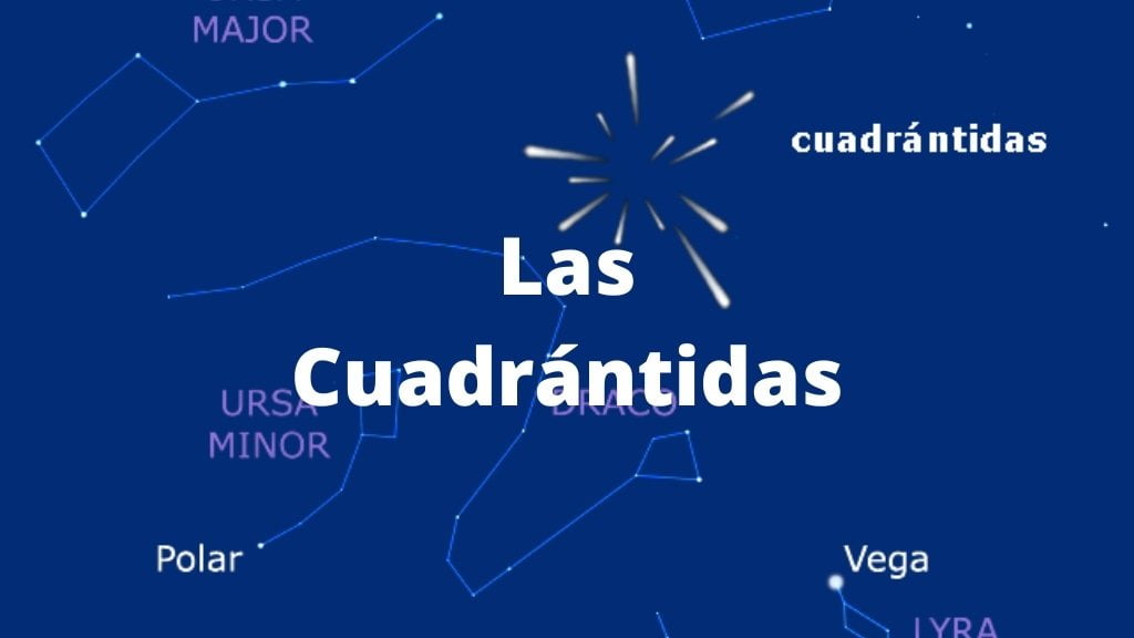 Dibujo de la lluvia de estrellas Leónidas y con el texto sobreimpresionado: Las Cuadrántidas. 