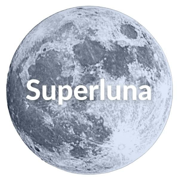 Foto de la Luna llena sobre un fondo blanco y el texto sobre impreso: Superluna.