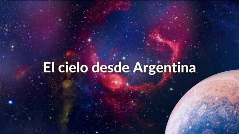 Imagen con un cielo estrellado en el que se ve la belleza del Universo. Incluye sobre escrito el texto "el cielo desde Argentina" rotulado en letras de color blanco.