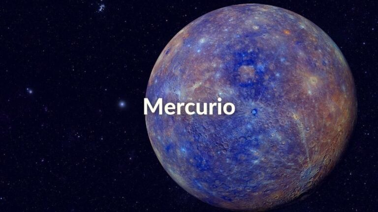 Foto del planeta Mercurio en el espacio y sobre impreso con letras blancas la palabra Mercurio.