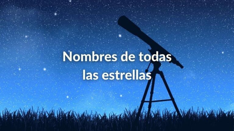 Foto al contraluz de un telescopio mirando el cielo al anochecer y el texto sobreimpreso en letras de color blanco: Nombres de todas las estrellas.