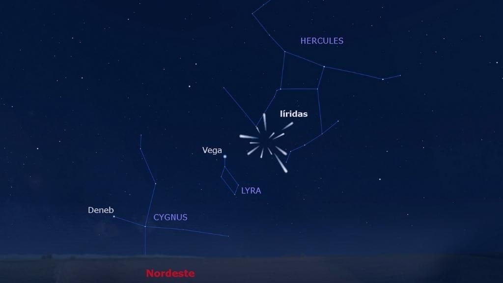 Esquema gráfico de dónde ver la lluvia de estrellas de las Líridas este año y su radiante en la constelación de Lyra con la estrella Vega.