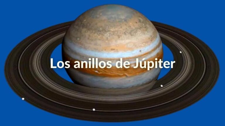 Imagen de Júpiter con sus anillos sobre un fondo azul y las letras sobre impresas en color blanco: Los anillos de Júpiter.