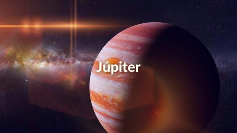 Imagen apaisada del quinto planeta del Sistema Solar con el texto sobre impreso: Júpiter. P