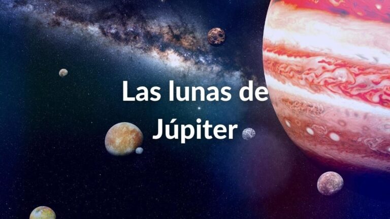 Foto de algunos satélites del planeta Júpiter con el texto sobre impresa: Las lunas de Júpiter.