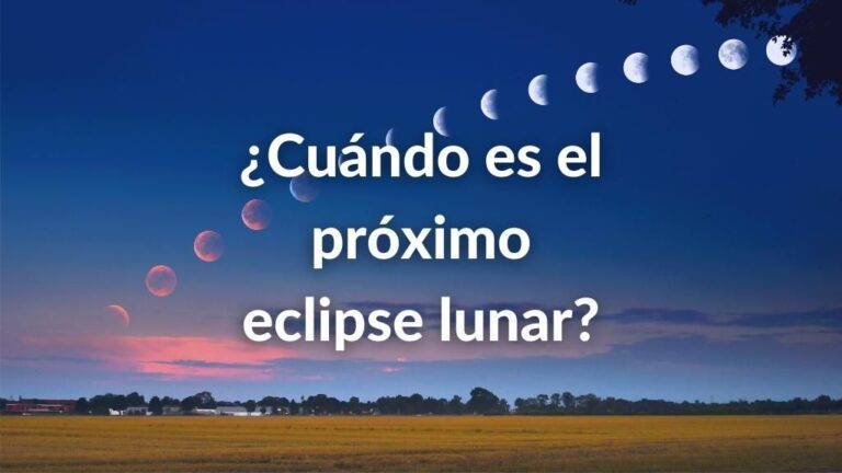 Foto de la Luna avanzando por un cielo azul y la pregunta sobre escrita en letras de color blanco: ¿Cuándo es el próximo eclipse lunar?