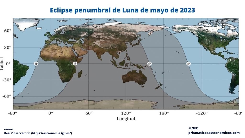 Imagen con todos los detalles necesarios para disfrutar del eclipse lunar del 5 de mayo de 2023.